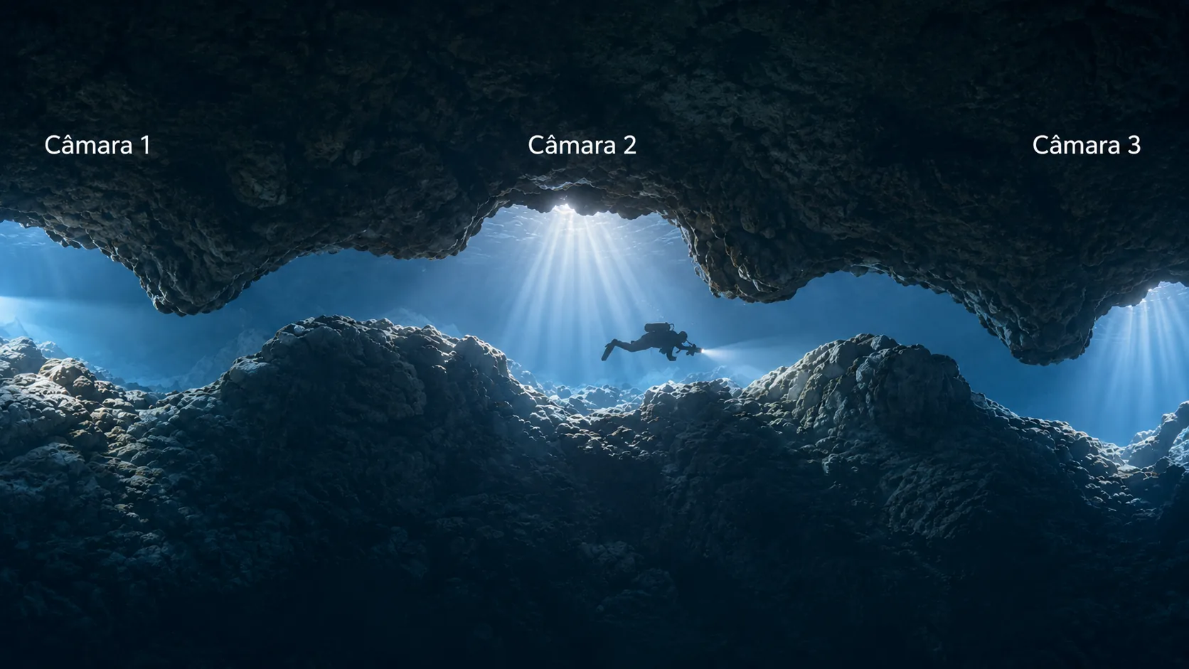 Caverna submersa com câmaras internas ligadas por passagens estreitas, um mergulhador iluminado por feixes de luz